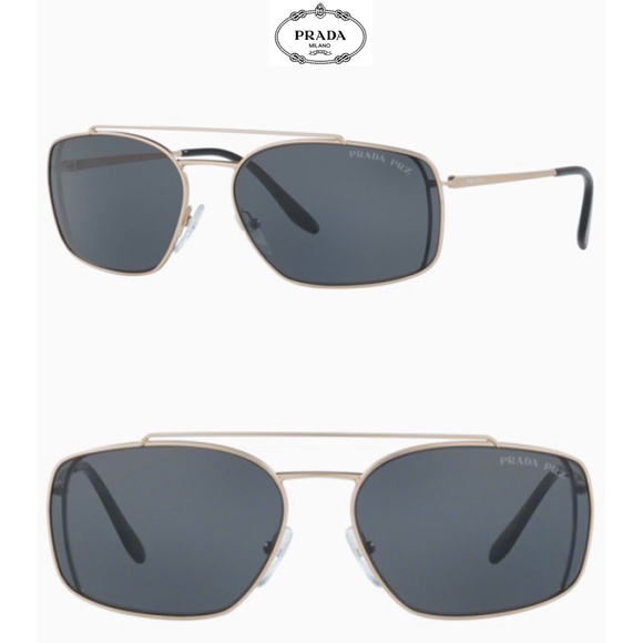 PRADA SPR64V 1BK-5Z1 PALE GOLD METAL POLARIZED GREY PILOT SUNGLASSES. 62mm - Picture 1 of 15
